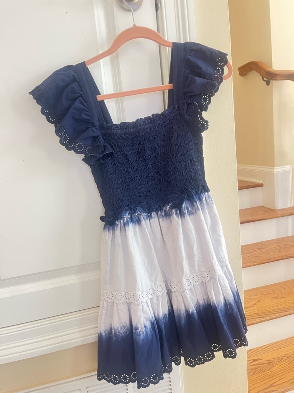 SEA New York Eyelet Tie-Dye Short Sleeve Smocked Ruffled Mini Dress Sz XS